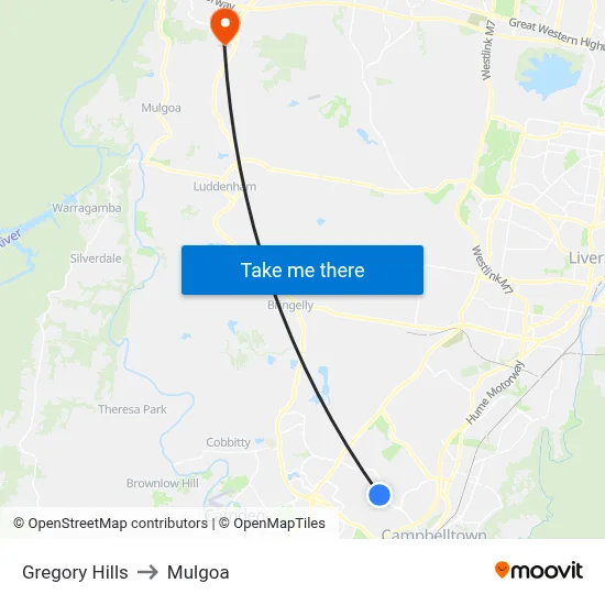 Gregory Hills to Mulgoa map