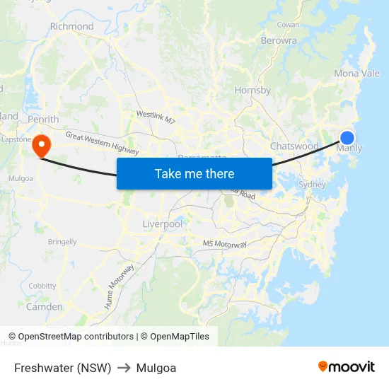 Freshwater (NSW) to Mulgoa map