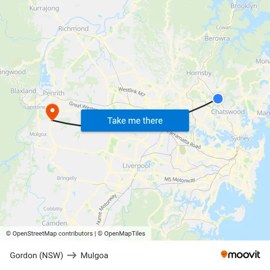 Gordon (NSW) to Mulgoa map