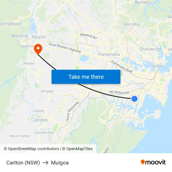 Carlton (NSW) to Mulgoa map