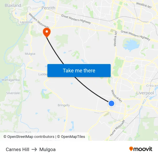 Carnes Hill to Mulgoa map