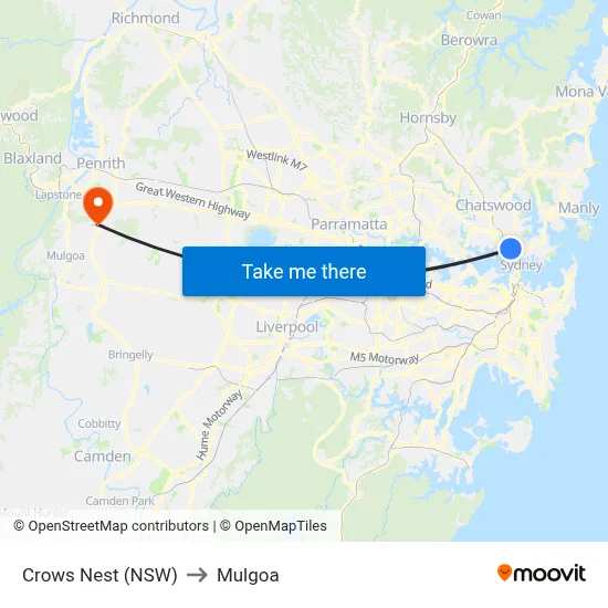 Crows Nest (NSW) to Mulgoa map