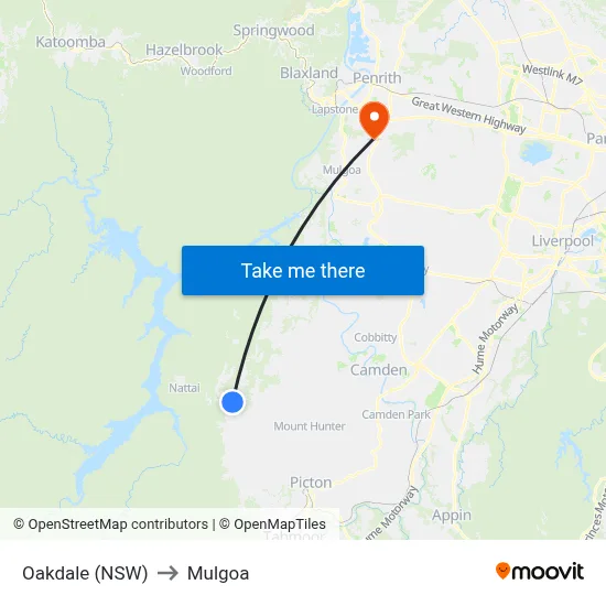 Oakdale (NSW) to Mulgoa map