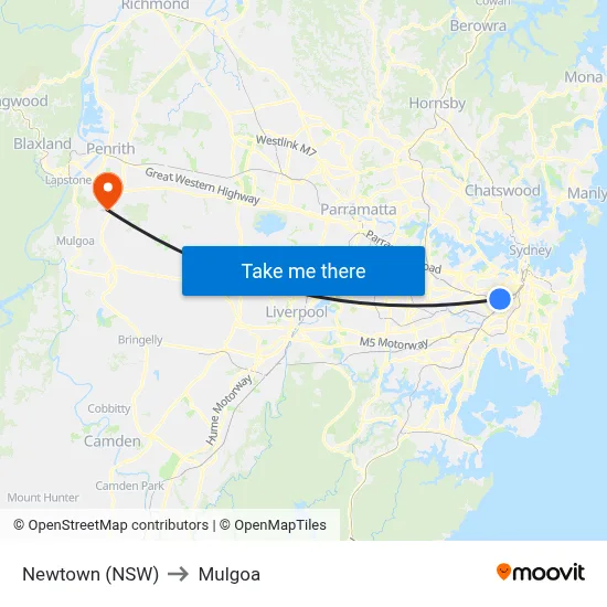 Newtown (NSW) to Mulgoa map