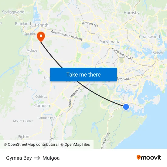 Gymea Bay to Mulgoa map