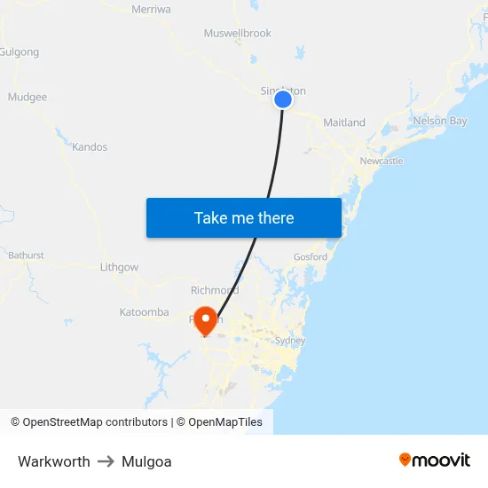 Warkworth to Mulgoa map