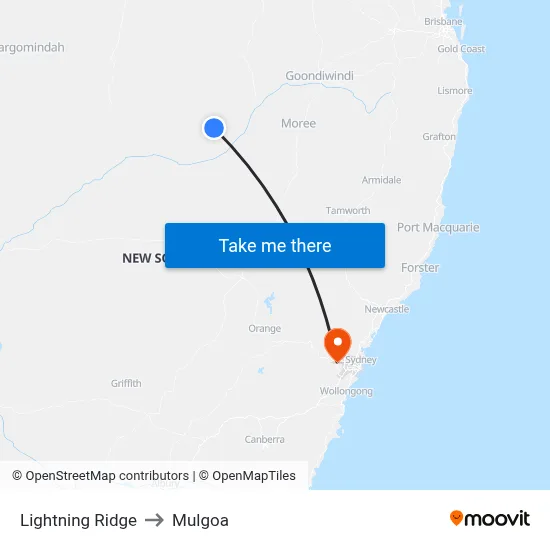 Lightning Ridge to Mulgoa map