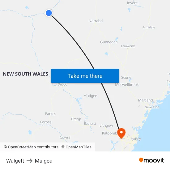 Walgett to Mulgoa map