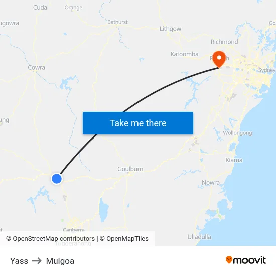 Yass to Mulgoa map