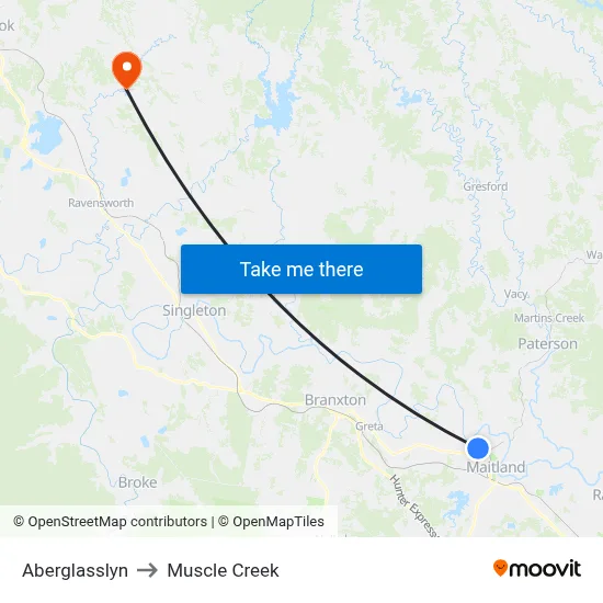 Aberglasslyn to Muscle Creek map