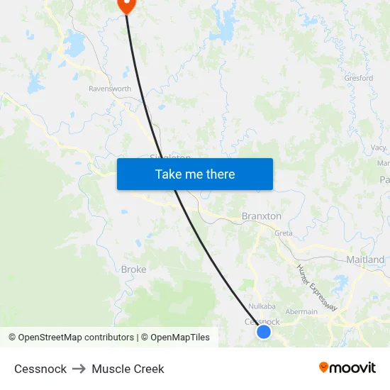 Cessnock to Muscle Creek map