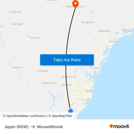Appin (NSW) to Muswellbrook map