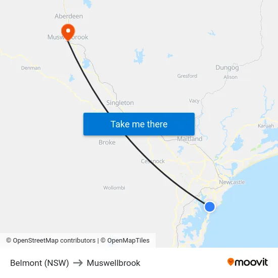 Belmont (NSW) to Muswellbrook map