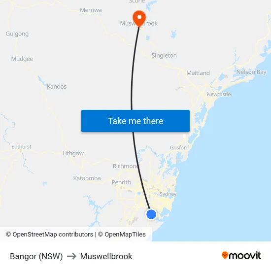 Bangor (NSW) to Muswellbrook map