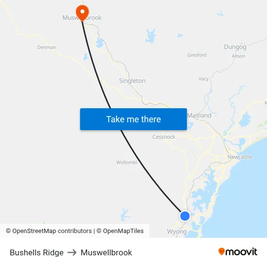 Bushells Ridge to Muswellbrook map