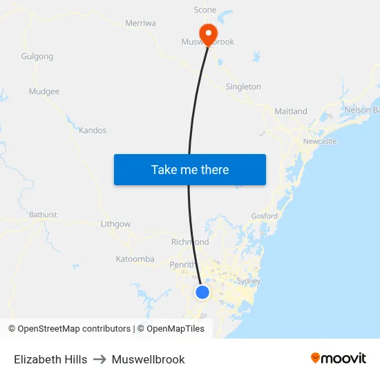 Elizabeth Hills to Muswellbrook map
