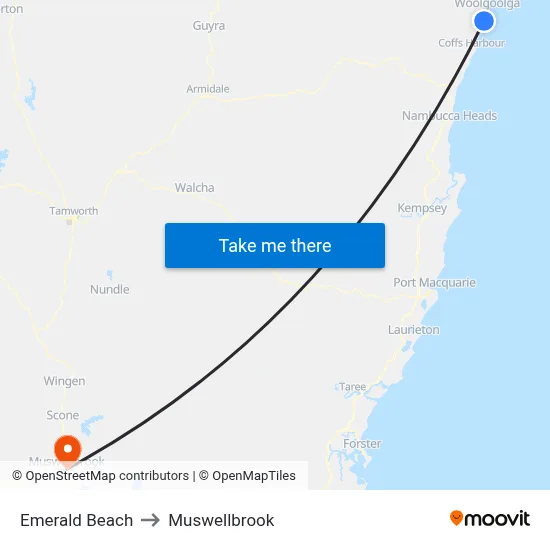 Emerald Beach to Muswellbrook map
