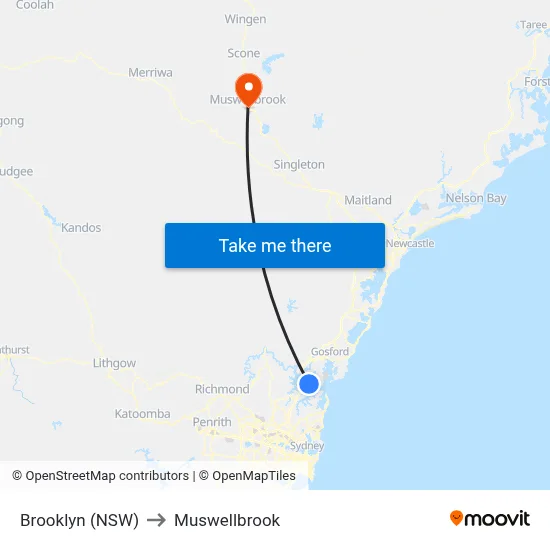 Brooklyn (NSW) to Muswellbrook map