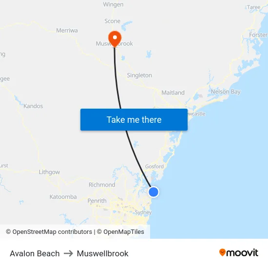 Avalon Beach to Muswellbrook map
