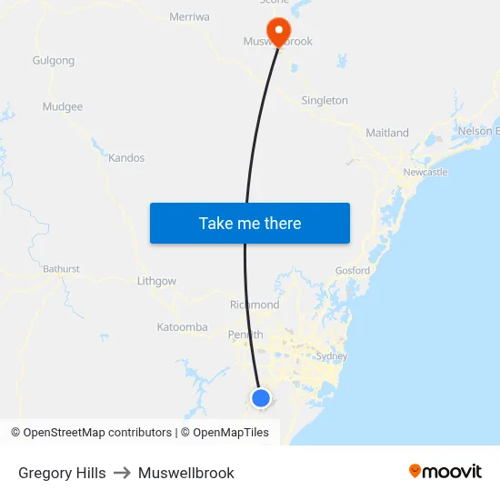 Gregory Hills to Muswellbrook map