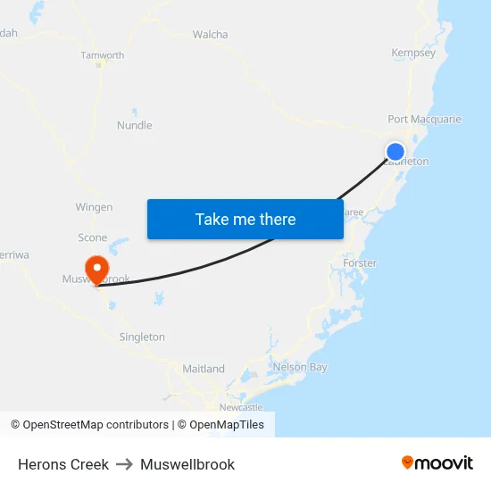 Herons Creek to Muswellbrook map