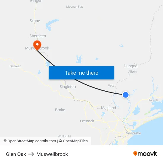 Glen Oak to Muswellbrook map