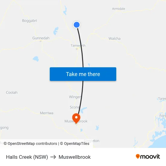 Halls Creek (NSW) to Muswellbrook map