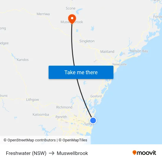 Freshwater (NSW) to Muswellbrook map