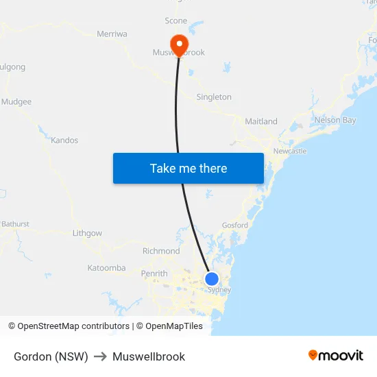 Gordon (NSW) to Muswellbrook map