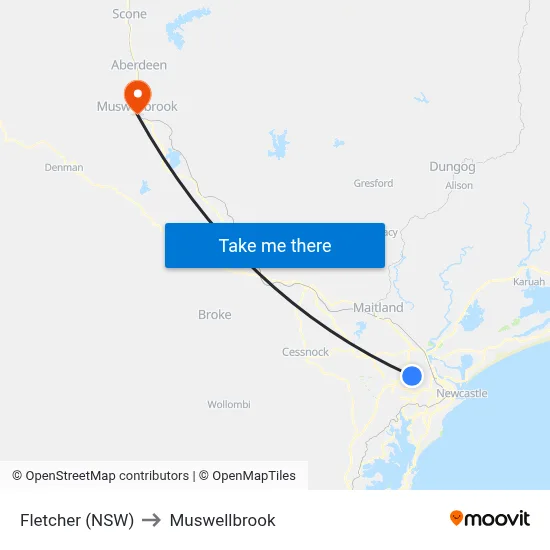 Fletcher (NSW) to Muswellbrook map