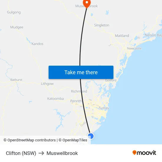 Clifton (NSW) to Muswellbrook map