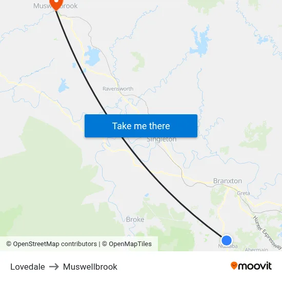 Lovedale to Muswellbrook map