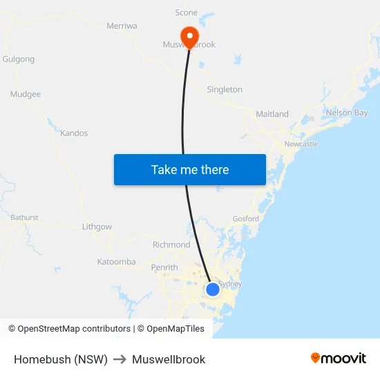 Homebush (NSW) to Muswellbrook map