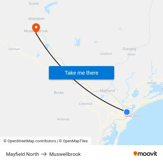 Mayfield North to Muswellbrook map