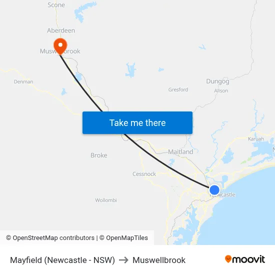 Mayfield (Newcastle - NSW) to Muswellbrook map