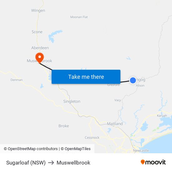 Sugarloaf (NSW) to Muswellbrook map
