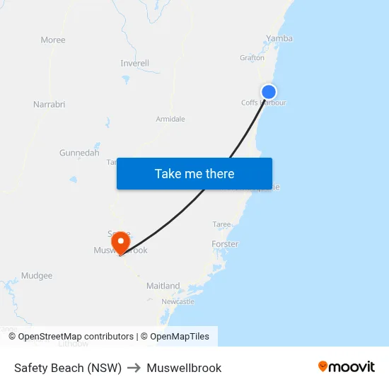 Safety Beach (NSW) to Muswellbrook map