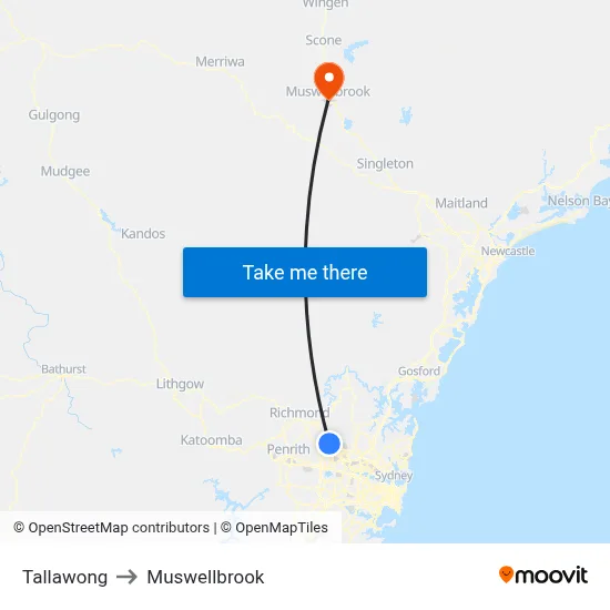 Tallawong to Muswellbrook map
