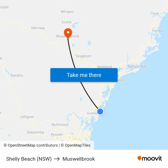 Shelly Beach (NSW) to Muswellbrook map