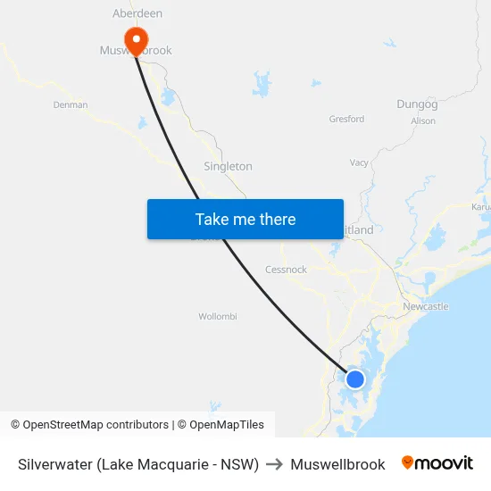 Silverwater (Lake Macquarie - NSW) to Muswellbrook map