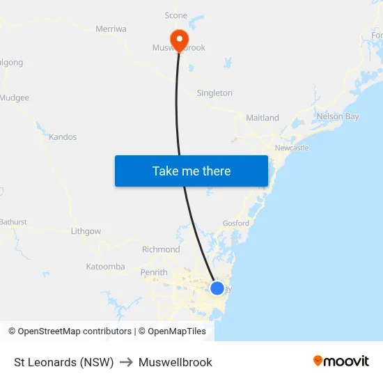 St Leonards (NSW) to Muswellbrook map