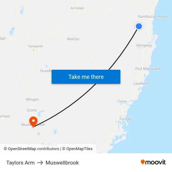 Taylors Arm to Muswellbrook map