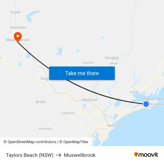Taylors Beach (NSW) to Muswellbrook map