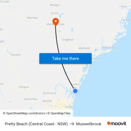 Pretty Beach (Central Coast - NSW) to Muswellbrook map