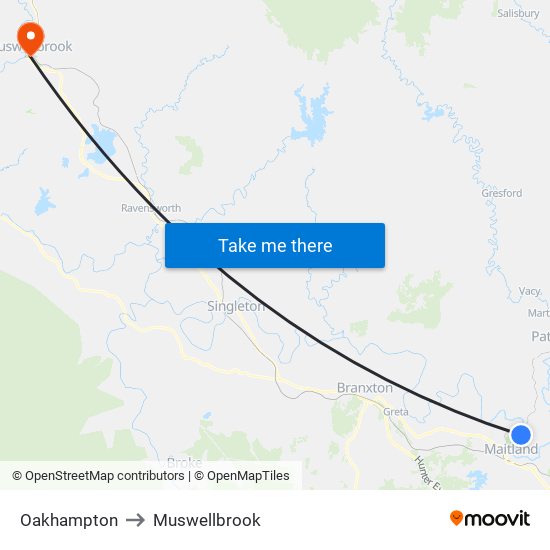 Oakhampton to Muswellbrook map