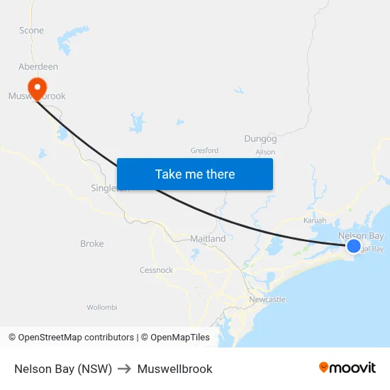 Nelson Bay (NSW) to Muswellbrook map