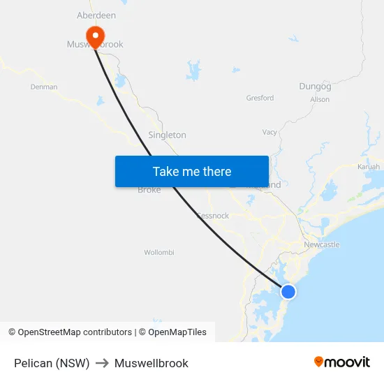 Pelican (NSW) to Muswellbrook map
