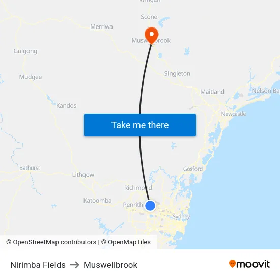 Nirimba Fields to Muswellbrook map