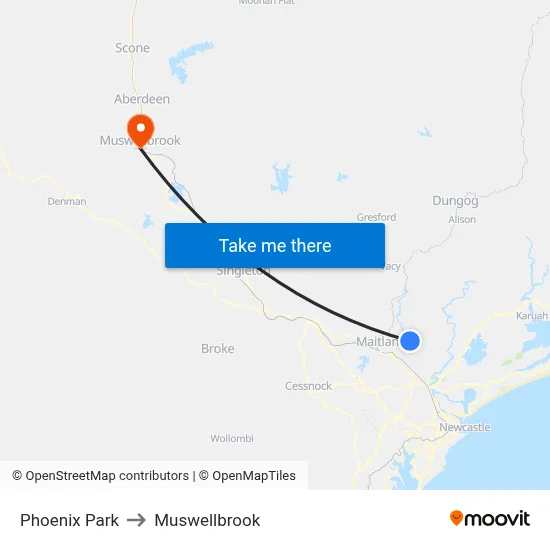 Phoenix Park to Muswellbrook map