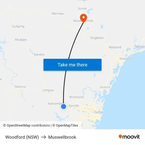 Woodford (NSW) to Muswellbrook map